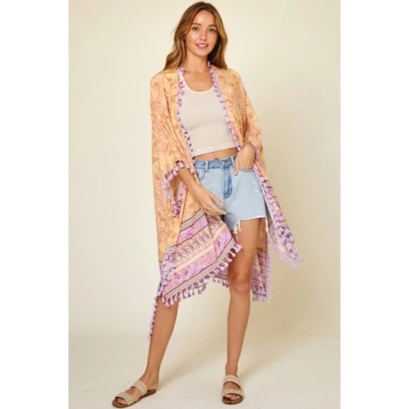 Lavender Paisley Printed Kimono Bohemian Cardigan w/ Tassels Fringe - Picture 4 of 6